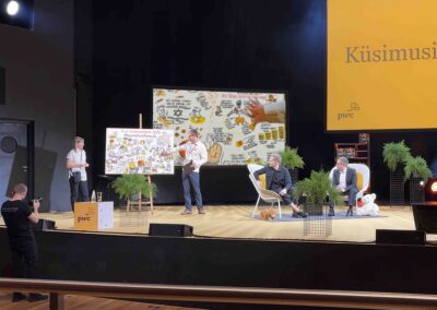 Nestor ja Koppeli arutelus visualiseerimine, PwC konverentsil, visuaalne kokkuvõte Siiri Taimla-Rannala, Joonmeedia