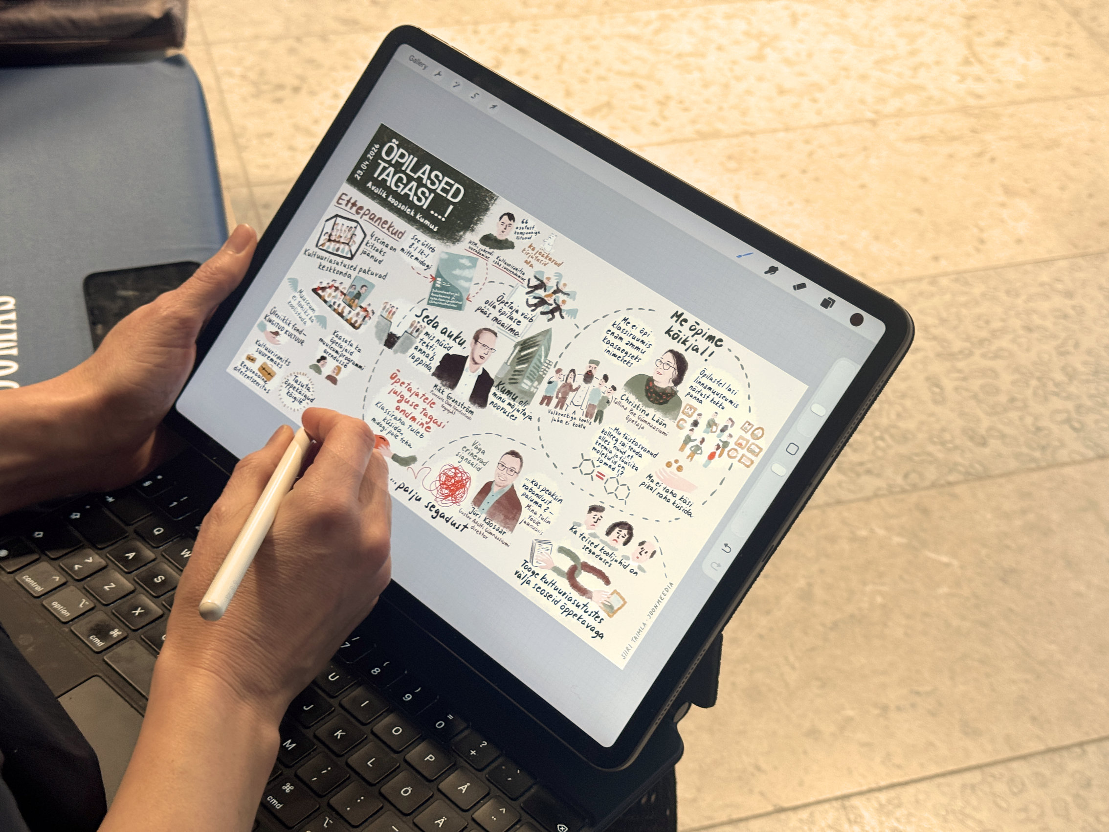 Avaliku koosoleku "Õpilased tagasi" digitaalne visuaalne kokkuvõte Kumus, Siiri Taimla-Rannala Avaliku koosolek Õpilased tagasi digitaalne visuaalne kokkuvõte Kumu Siiri Taimla-Rannala üritusel joonistamine visualiseerimine